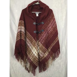 Accessory St New York One Size Cape Poncho Shawl Maroon/White/Tan Toggle Latch H